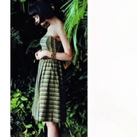 Anthropologie Maple Chloroform Strapless Dress Size 10 Green Blue Tan Boho Chic - Picture 1 of 6
